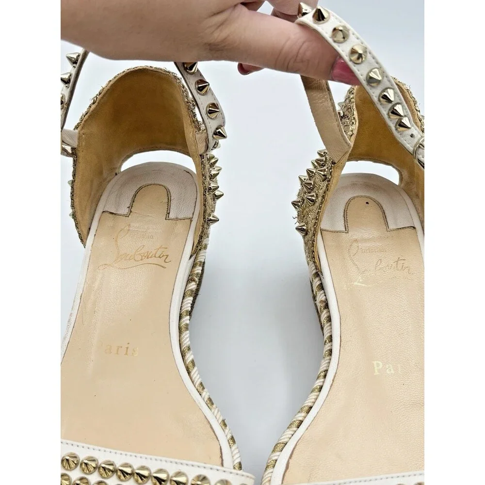 Christian Louboutin Madmonica 60 White Leather Gold Spike Wedge Espadrille EU 37